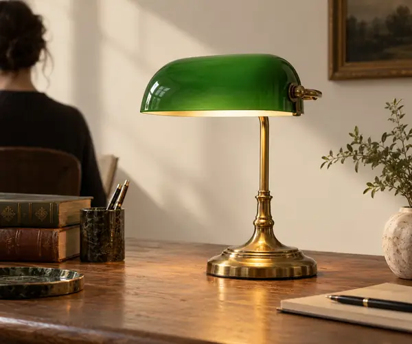 Um abajur de mesa vintage de vidro verde com haste de latão contra um simples fundo de estúdio creme.