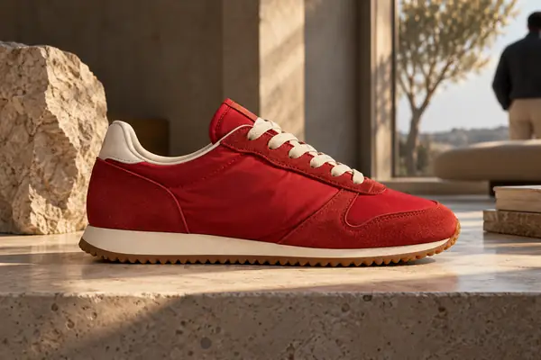 Um tênis vermelho retrô com cadarços creme, mostrado em uma fotografia de estúdio nítida com vista lateral.